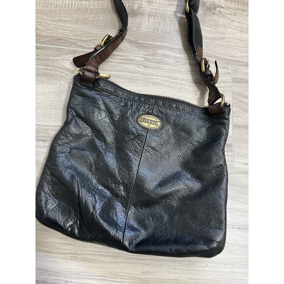 Vintage FOSSIL Genuine Leather Crossbody Handbag Black Brown 11x9 - Picture 8 of 8
